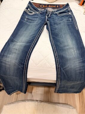 Rock Revival Dark Blue Bootcut Jeans with White Contrast Stitching